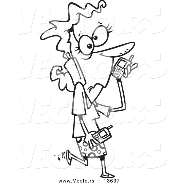 Vector of a Cartoon Stressed Businesswoman Talking on Multiple Phones - Coloring Page Outline