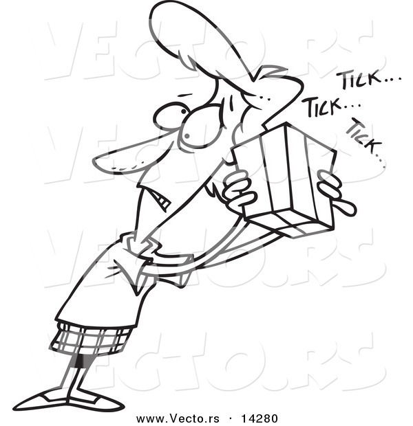Vector of a Cartoon Stressed Woman Holding a Ticking Box - Coloring Page Outline