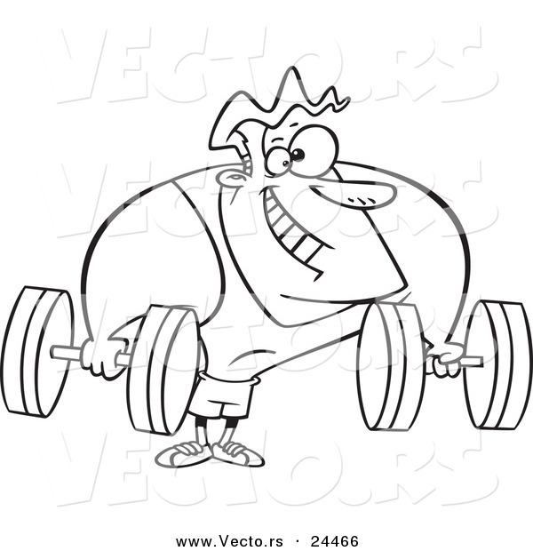 Vector of a Cartoon Strong Body Builder Holding Dumbbells - Outlined Coloring Page