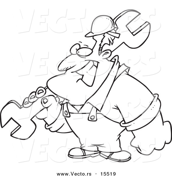 Vector of a Cartoon Strong Builder Carrying a Wrench - Coloring Page Outline