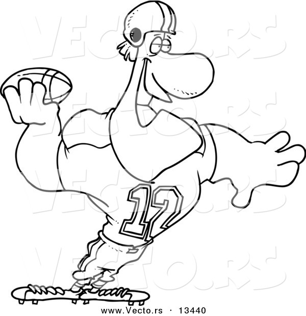 Vector of a Cartoon Strong Quaterback Holding a Football - Coloring Page Outline