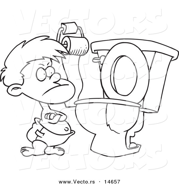 Vector of a Cartoon Stubborn Toddler Standing by a Toilet with His Arms Folded - Coloring Page Outline