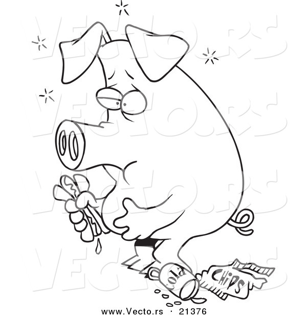 Vector of a Cartoon Stuffed Pig Eating Junk Food - Outlined Coloring Page