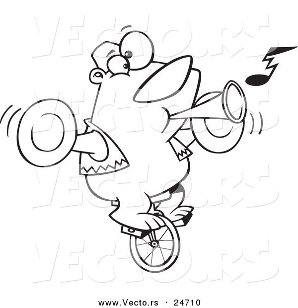 Vector of a Cartoon Stunt Bear Playing Music and Riding a Unicycle - Outlined Coloring Page