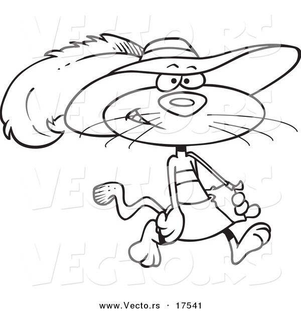 Vector of a Cartoon Stylish Cat Wearing a Hat - Coloring Page Outline