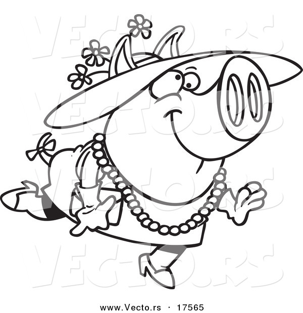 Vector of a Cartoon Stylish Pig Wearing a Hat - Coloring Page Outline