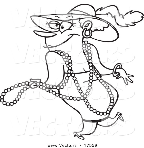 Vector of a Cartoon Stylish Woman Wearing Beads and a Hat - Coloring Page Outline