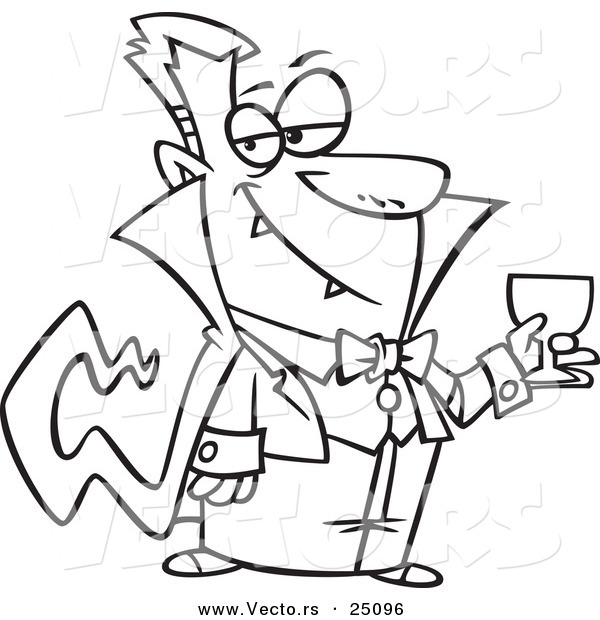 Vector of a Cartoon Suave Halloween Dracula Vampire Drinking Blood - Outlined Coloring Page