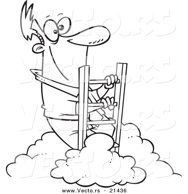 Vector of a Cartoon Successful Businessman Climbing Above the Clouds - Outlined Coloring Page