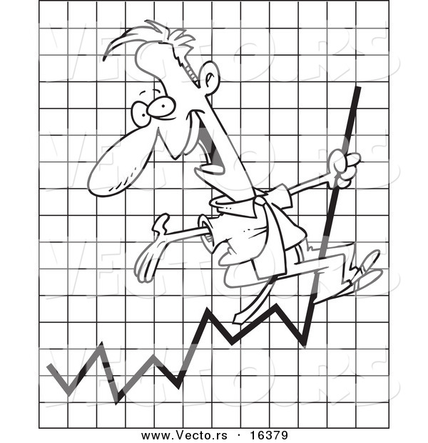 Vector of a Cartoon Successful Businessman Riding on a Graph - Outlined Coloring Page Drawing