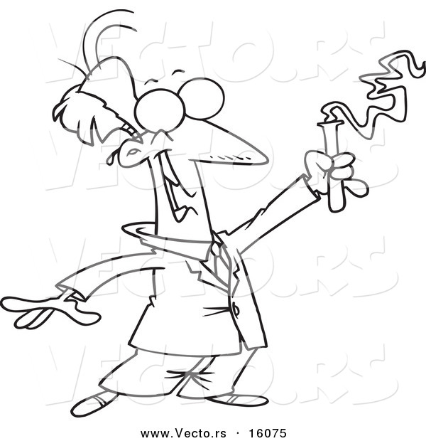 Vector of a Cartoon Successful Scientist Holding up a Test Tube - Outlined Coloring Page Drawing