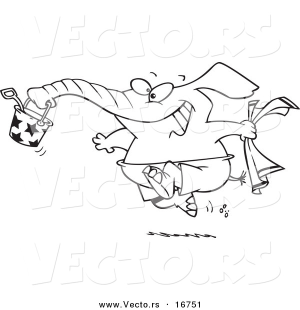 Vector of a Cartoon Summer Elephant Running on a Beach - Coloring Page Outline