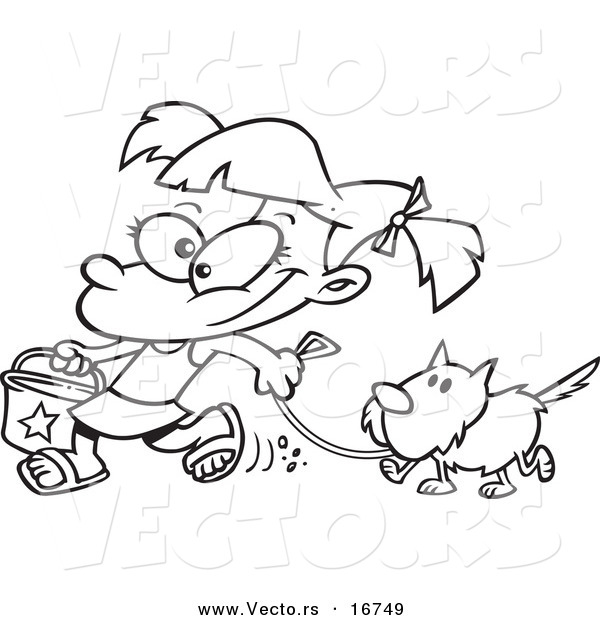 Vector of a Cartoon Summer Girl Walking Her Dog on the Beach - Coloring Page Outline