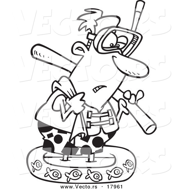 Vector of a Cartoon Summer Man Wading in a Kiddy Pool - Outlined Coloring Page