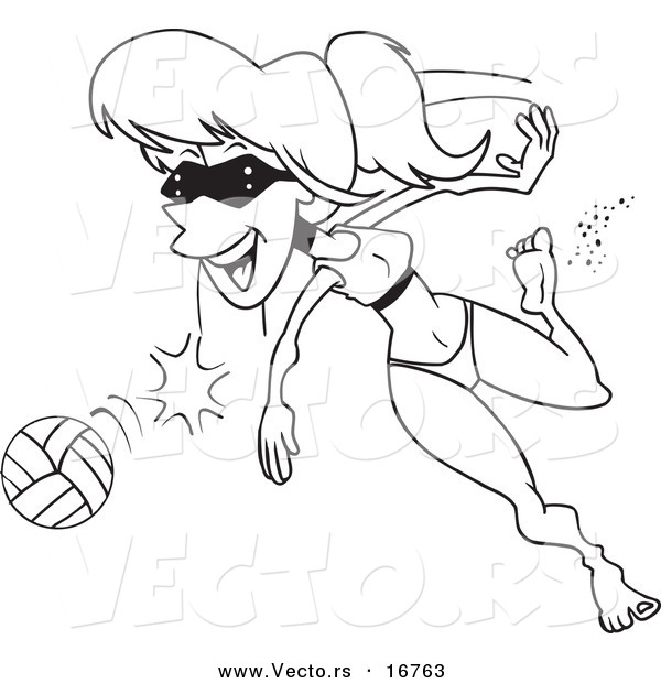 Vector of a Cartoon Summer Woman Playing Beach Volleyball - Coloring Page Outline