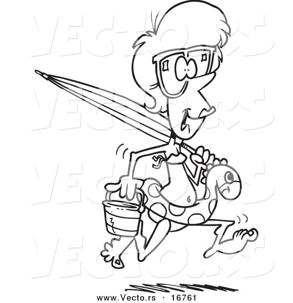 Vector of a Cartoon Summer Woman Running on a Beach - Coloring Page Outline