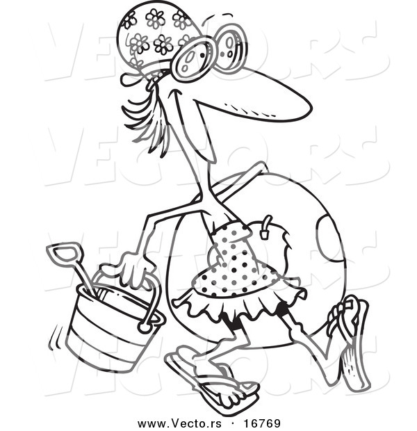 Vector of a Cartoon Summer Woman Walking on a Beach - Coloring Page Outline