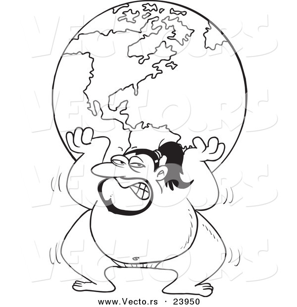 Vector of a Cartoon Sumo Wrestler Lifting the Globe - Coloring Page Outline