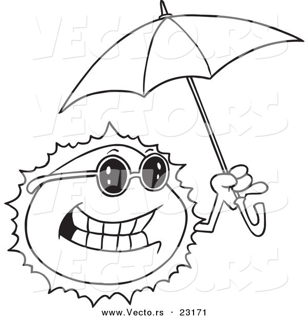Vector of a Cartoon Sun Holding an Umbrella - Coloring Page Outline