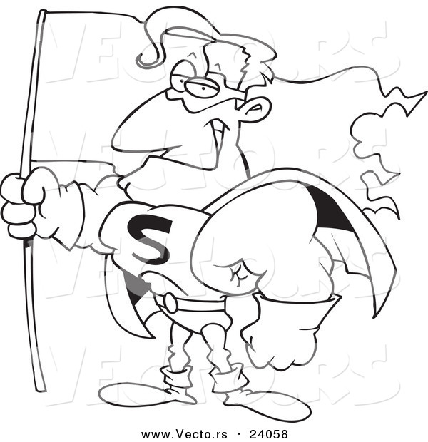 Vector of a Cartoon Super Guy Holding a Flag - Coloring Page Outline