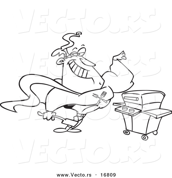 Vector of a Cartoon Super Hero Man Standing by His Bbq - Coloring Page Outline