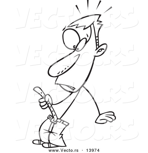 Vector of a Cartoon Super Skinny Man Tightening a Belt - Coloring Page Outline