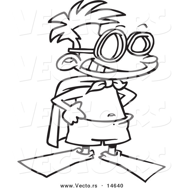 Vector of a Cartoon Super Swim Boy Wearing Flippers and a Towel Cape - Coloring Page Outline