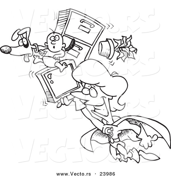 Vector of a Cartoon Super Woman Flying - Coloring Page Outline