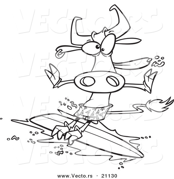 Vector of a Cartoon Surfer Cow - Coloring Page Outline