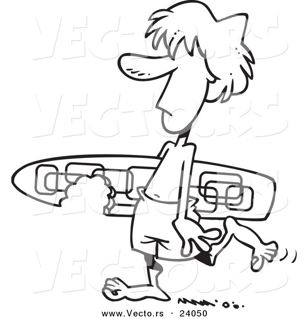 Vector of a Cartoon Surfer Dude Carrying a Shark Bitten Board - Coloring Page Outline
