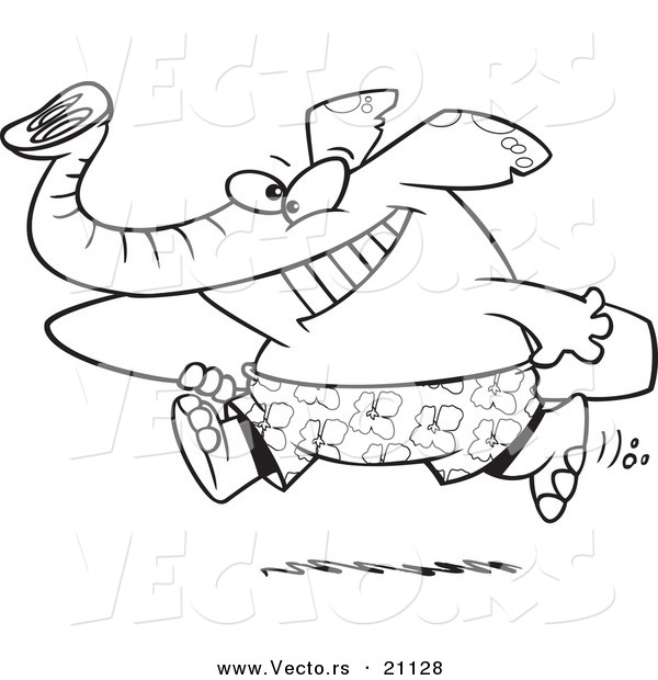 Vector of a Cartoon Surfer Elephant Carrying a Board - Coloring Page Outline
