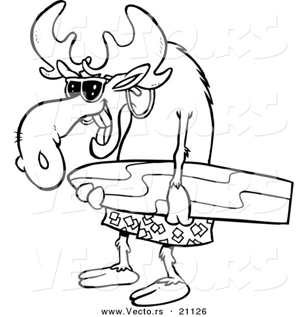 Vector of a Cartoon Surfer Moose Carrying a Board - Coloring Page Outline