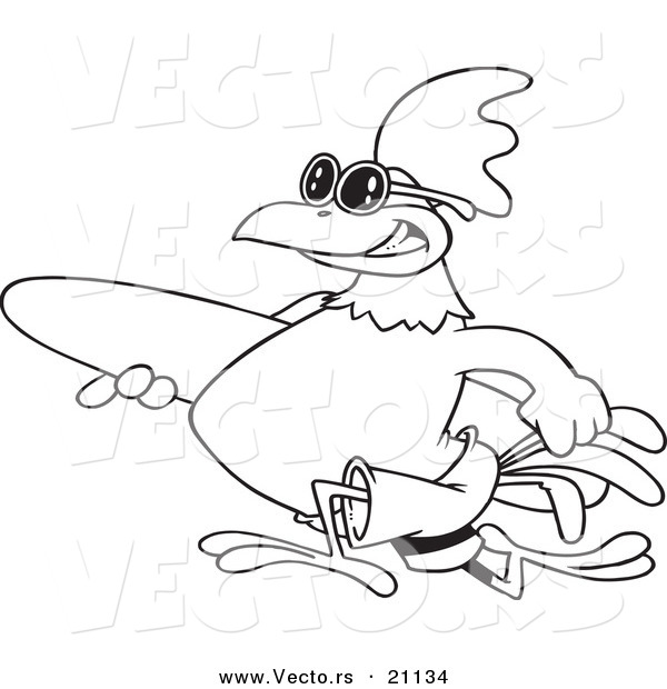 Vector of a Cartoon Surfer Rooster Carrying a Board - Coloring Page Outline