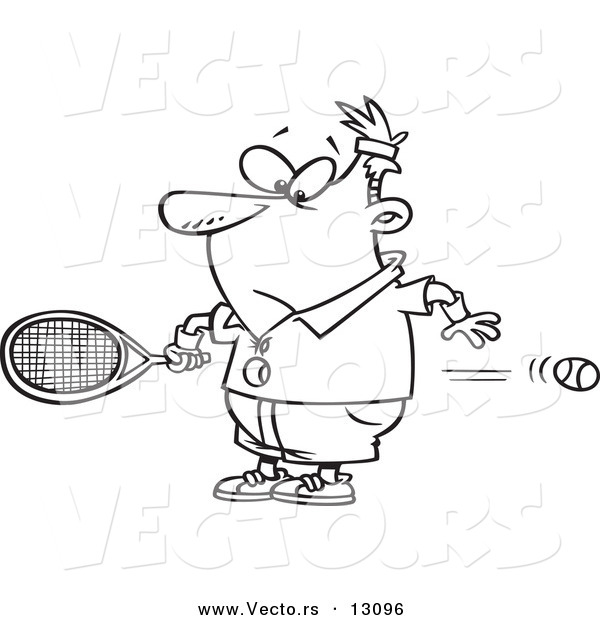 Vector of a Cartoon Surprised Man Watching a Fast Tennis Ball Fly Through His Belly - Outlined Coloring Page