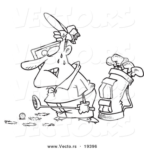 Vector of a Cartoon Sweaty Golfer with Holes in the Grass - Outlined Coloring Page