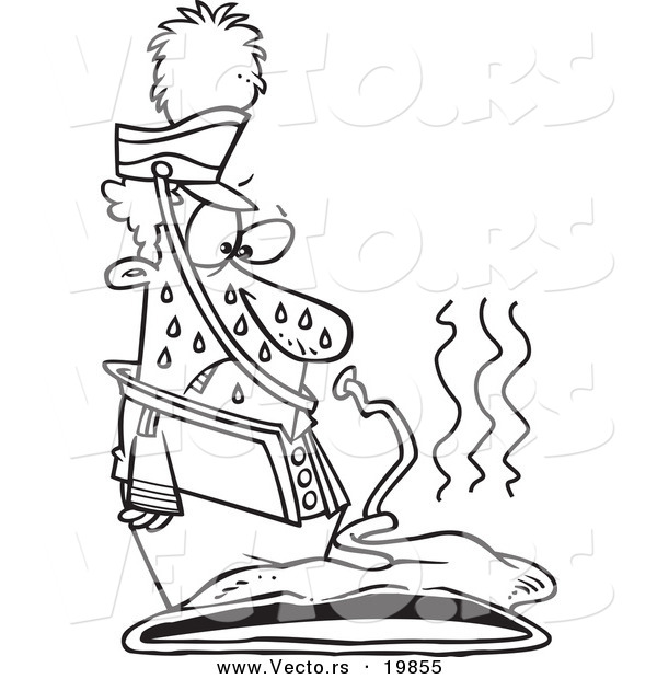 Vector of a Cartoon Sweaty Musician Looking at His Melted Sousaphone - Outlined Coloring Page