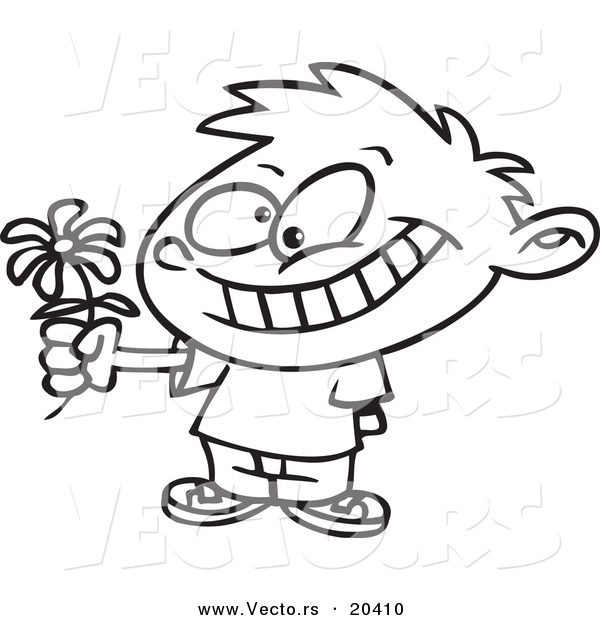 Vector of a Cartoon Sweet Boy Giving a Daisy - Coloring Page Outline