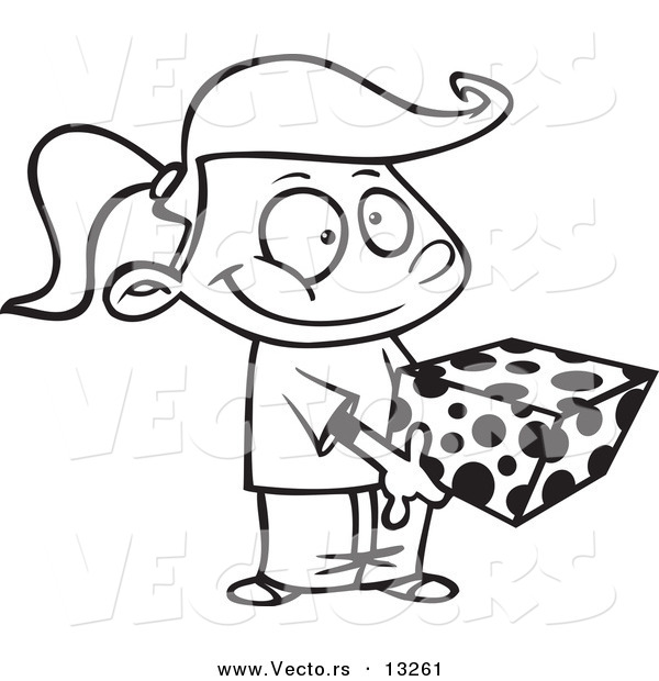 Vector of a Cartoon Sweet Girl Holding a Gift Box - Coloring Page Outline