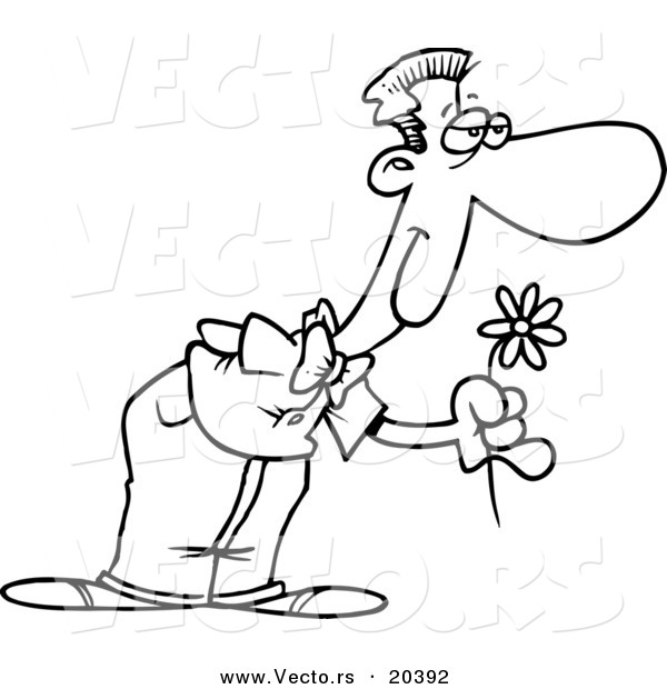 Vector of a Cartoon Sweet Man Holding out a Flower - Coloring Page Outline
