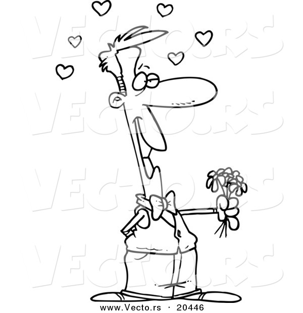 Vector of a Cartoon Sweet Man Holding out Flowers - Coloring Page Outline