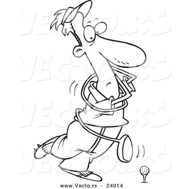 Vector of a Cartoon Swinging Golfer Getting Tangled in a Club - Coloring Page Outline