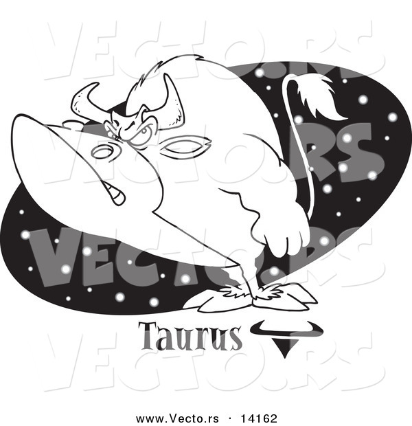 Vector of a Cartoon Taurus Bull over a Black Starry Oval - Coloring Page Outline