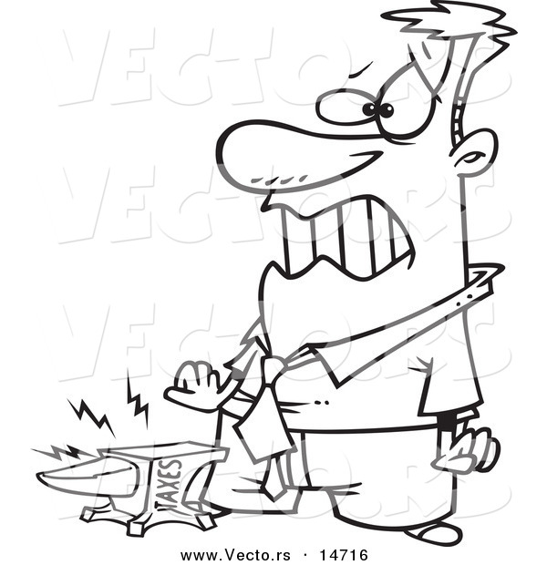 Vector of a Cartoon Taxes Anvil Smashing a Businessman's Foot - Coloring Page Outline