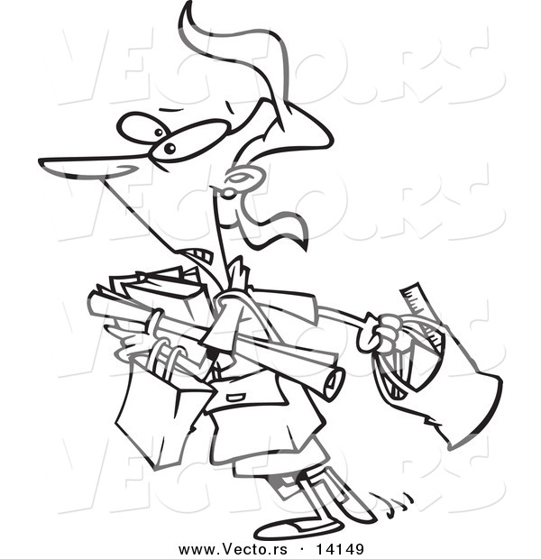Vector of a Cartoon Teacher Carrying a Lot of Items to Her Class - Coloring Page Outline