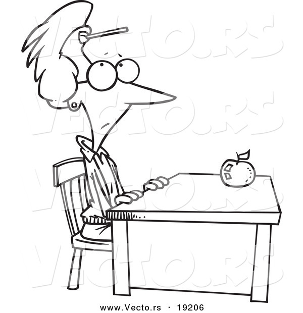 Vector of a Cartoon Teacher Sitting at Her Desk with a Dart on Her Forehead - Outlined Coloring Page