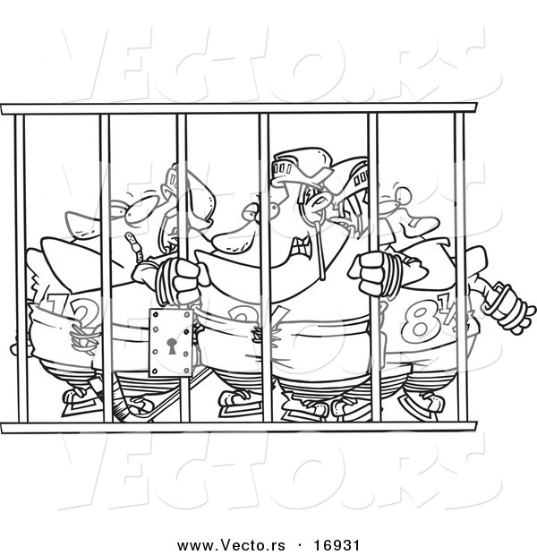 Vector of a Cartoon Team of Hockey Players Behind Bars - Coloring Page Outline