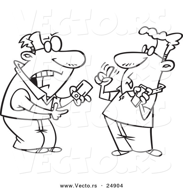 Vector of a Cartoon Techie Men Having a Debate over Gadgets - Outlined Coloring Page
