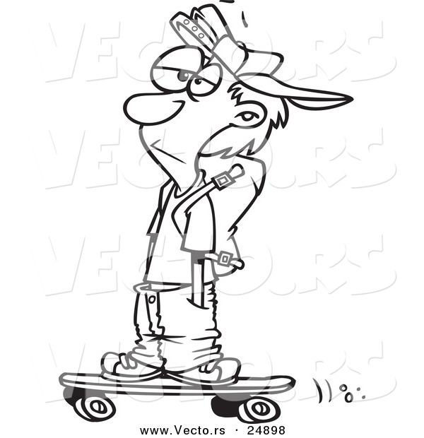 Vector of a Cartoon Teenage Skater Boy with His Hands in His Pockets - Outlined Coloring Page