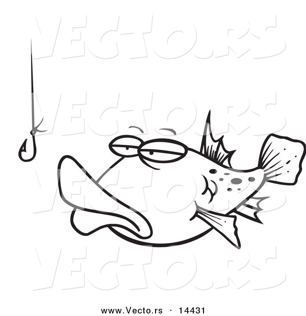 Vector of a Cartoon Tempted Fish Staring at a Hook - Coloring Page Outline