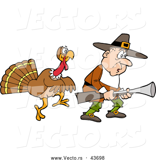 Vector of a Cartoon Thanksgiving Turkey Stalking a Pilgrim Hunter with a Gun